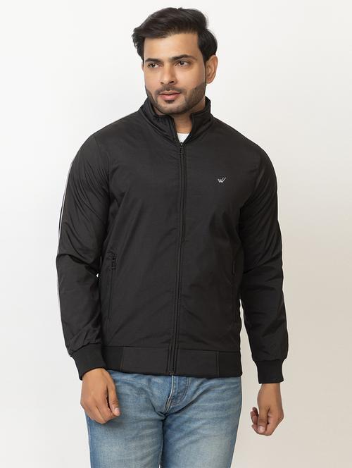 men solid black polyester casual jacket - 21700111 -  Standard Image - 0