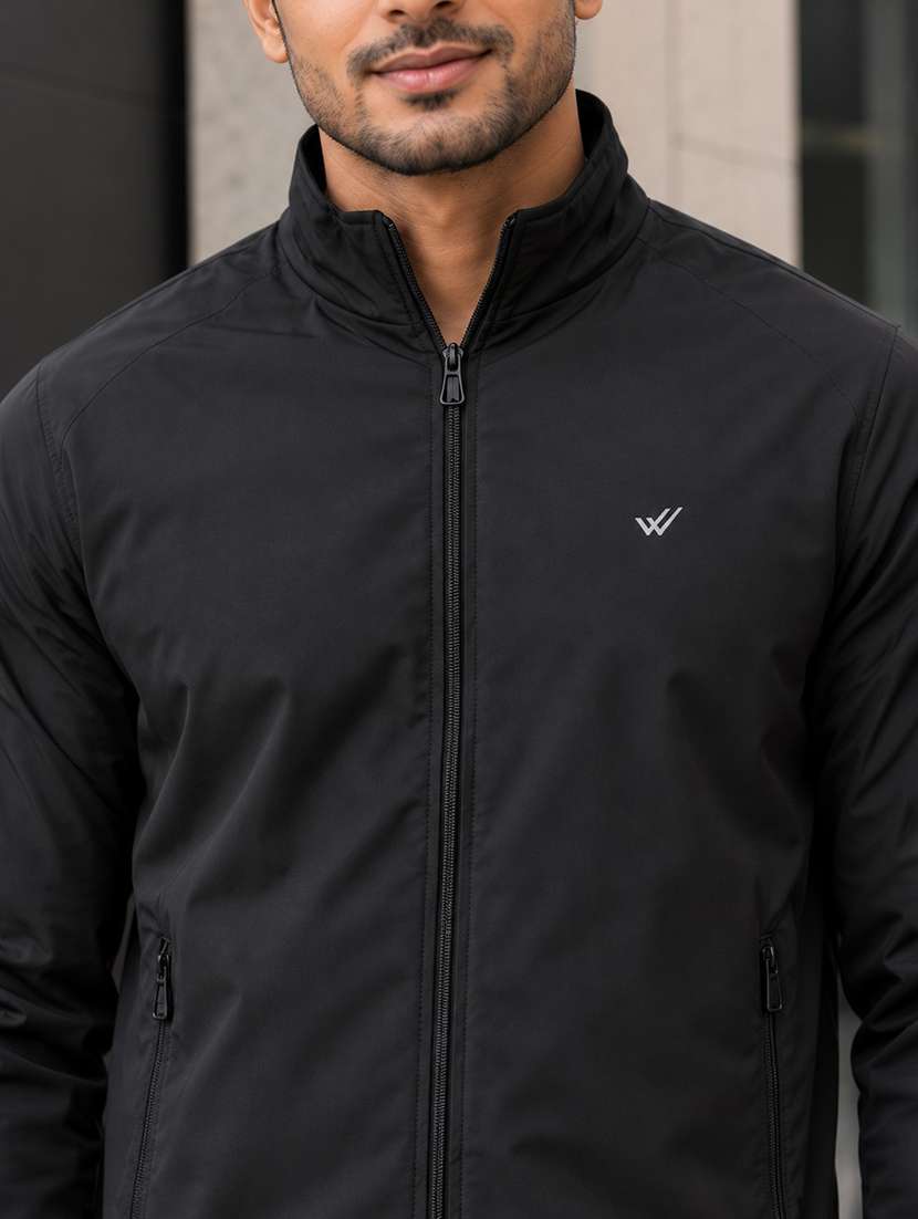 Men Solid Black Polyester Casual Jacket - 21700111 -  Standard Image - 1