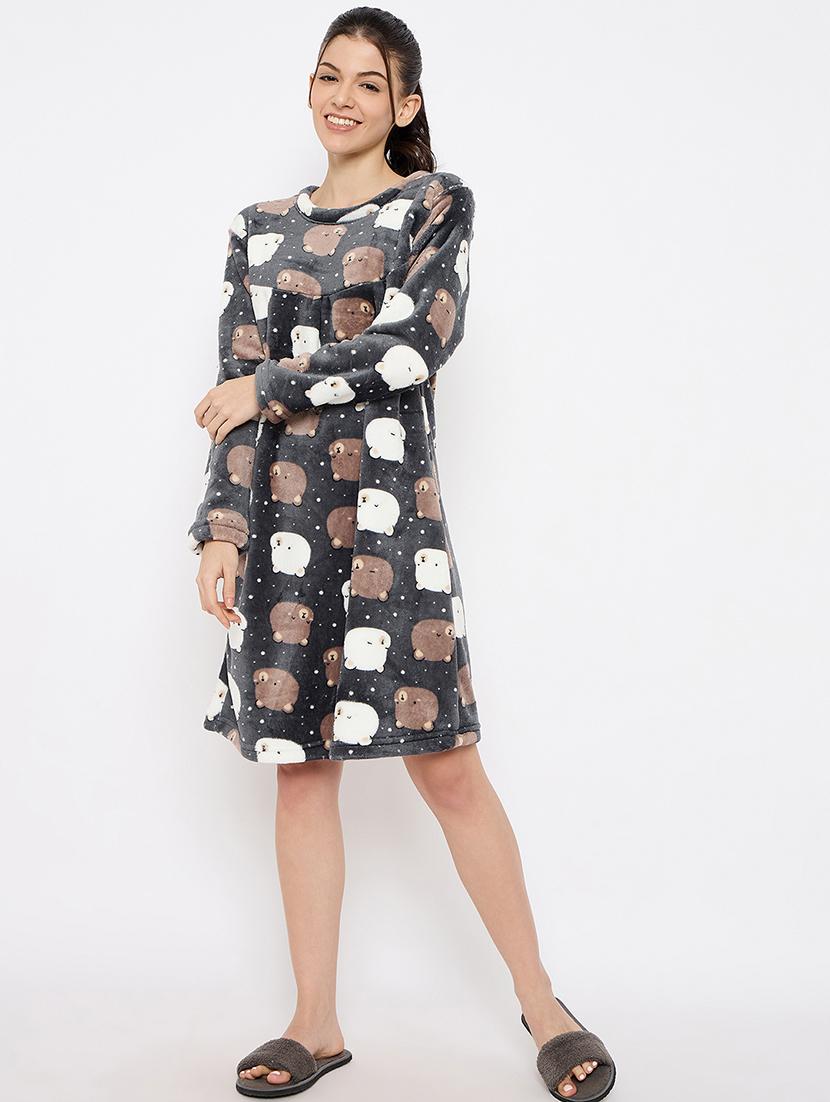 women printed long sleeve nightwear dress - 21700117 - Standard Image - 1