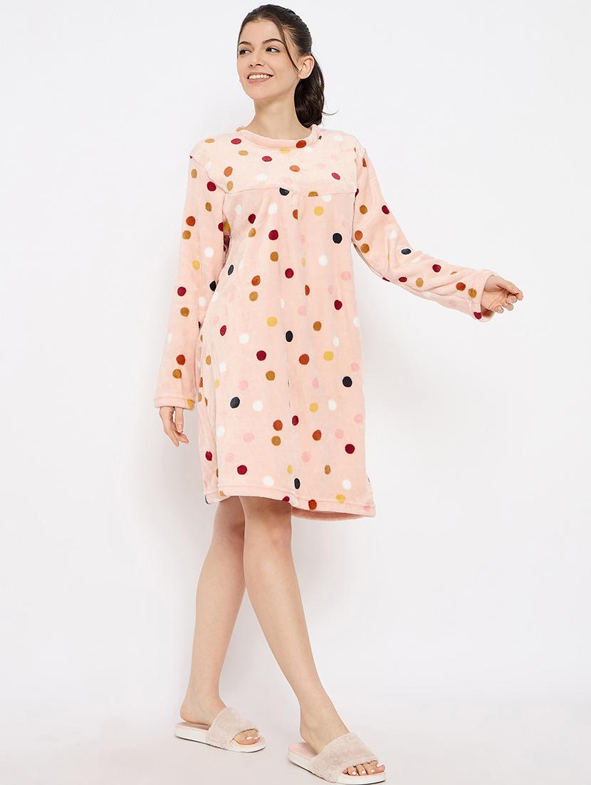women poka dots printed long sleeve nightwear dress - 21700123 - Standard Image - 1