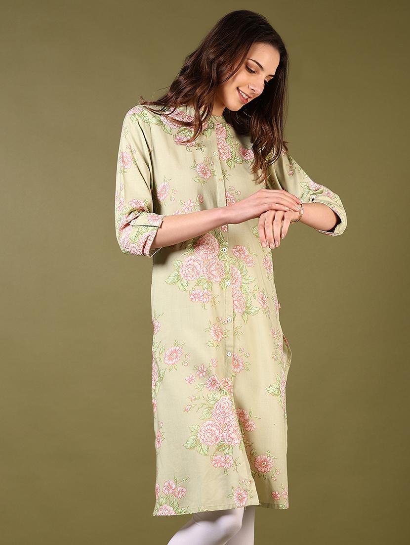 women mandarin neck floral printed a-line kurta - 21700286 - Standard Image - 1