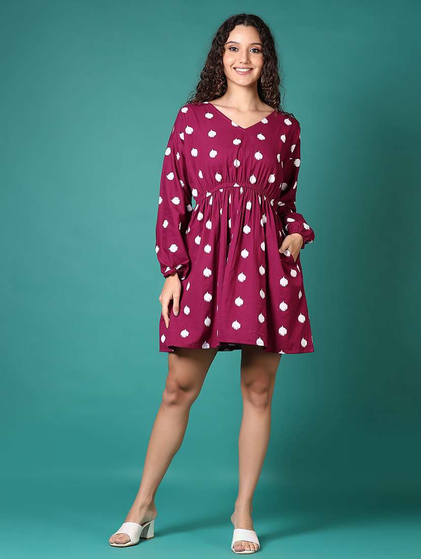 women printed long sleeve fit & flare dress