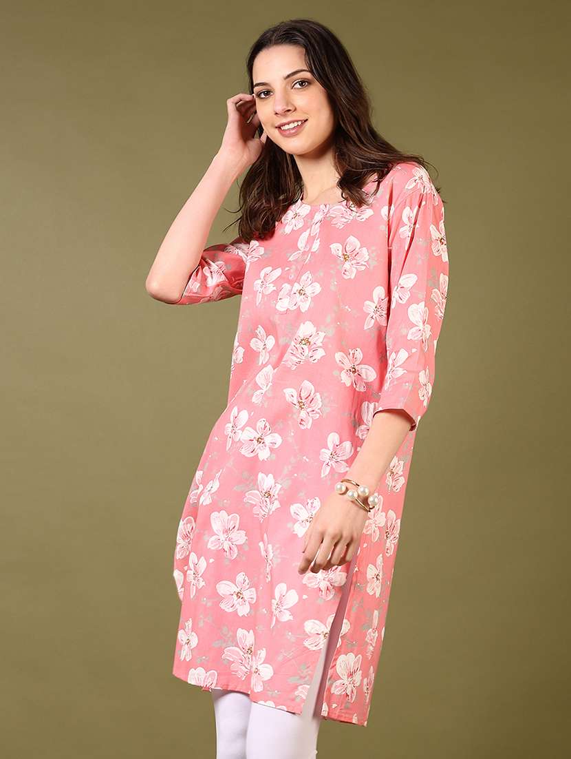 women floral printed three quarter sleeve straight kurta - 21700310 -  Standard Image - 1
