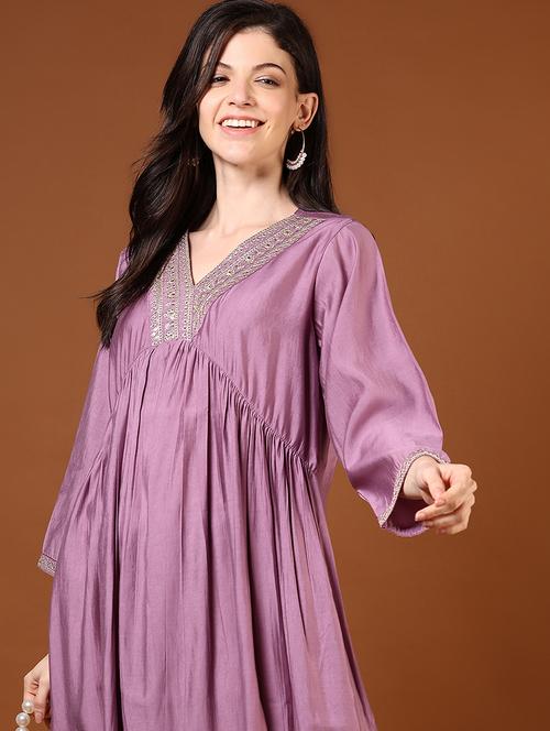 women lavender three quarter sleeve a-line kurta - 21700313 -  Standard Image - 0
