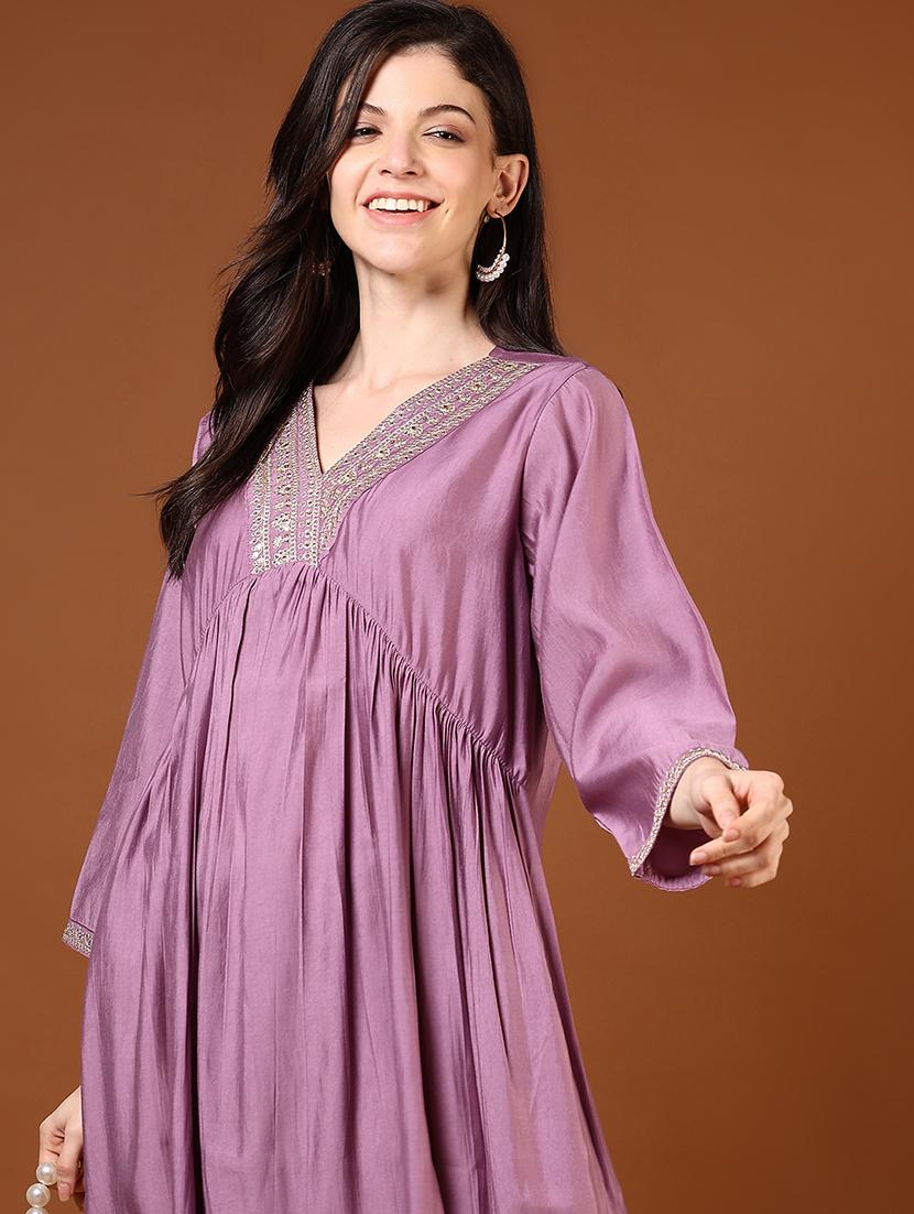 women lavender three quarter sleeve a-line kurta - 21700313 -  Zoom Image - 0