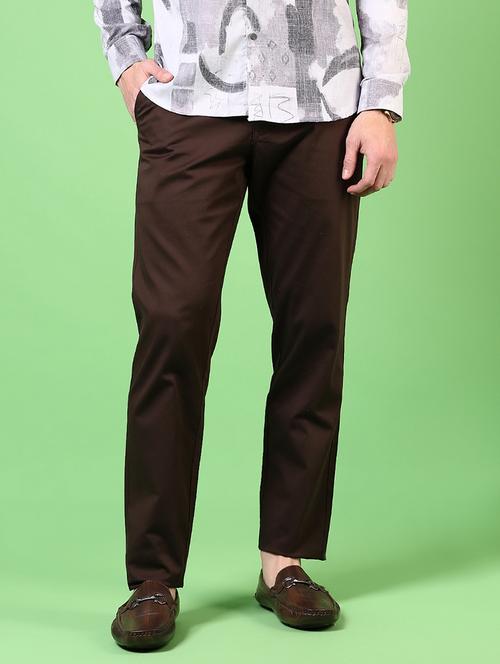 men brown solid high rise chinos casual trouser - 21700388 - Standard Image - 0