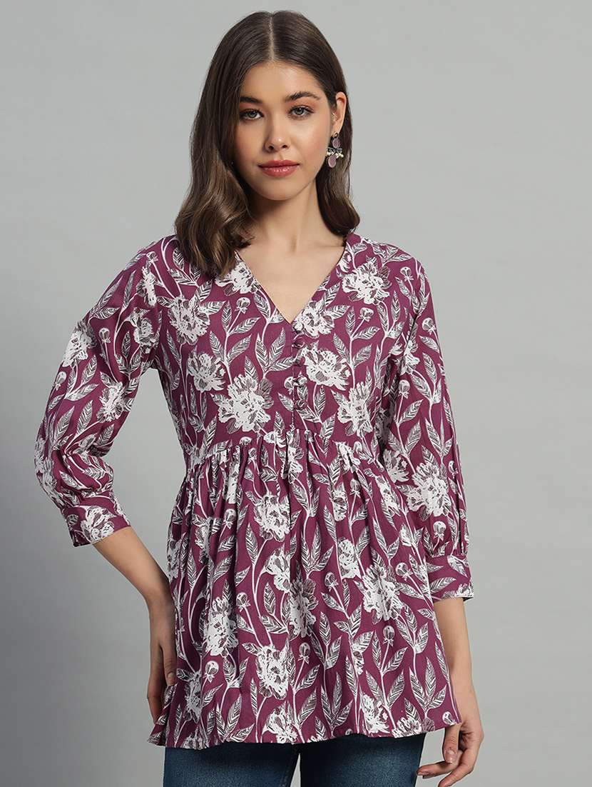 women floral printed v neck flared tunic - 21700528 -  Zoom Image - 0
