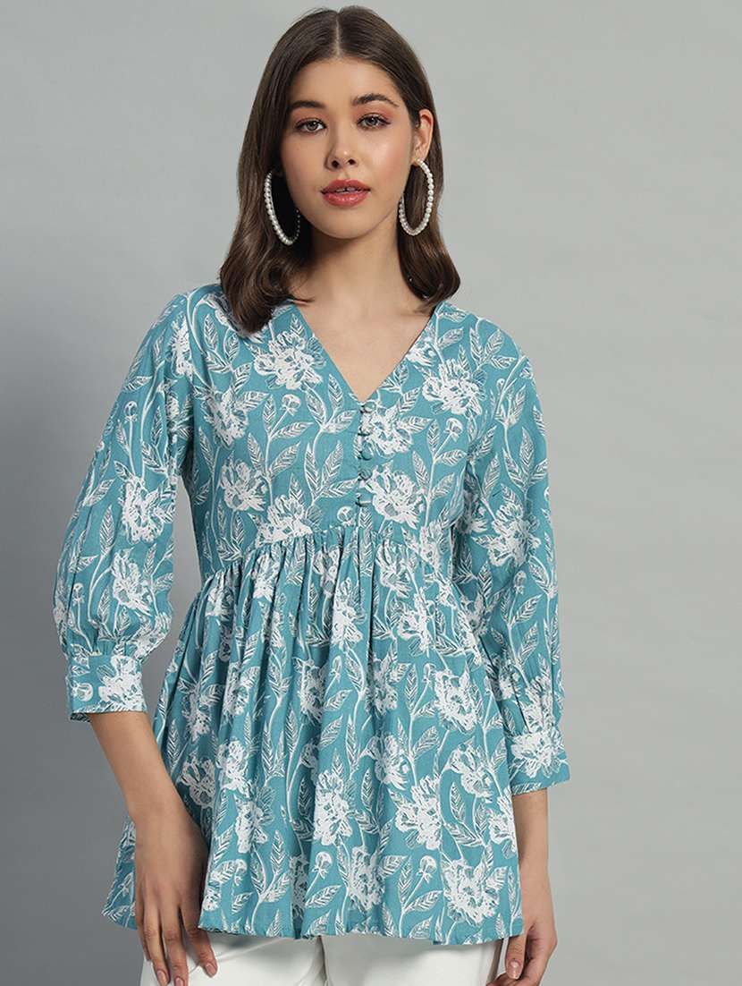 women floral printed v neck flared tunic