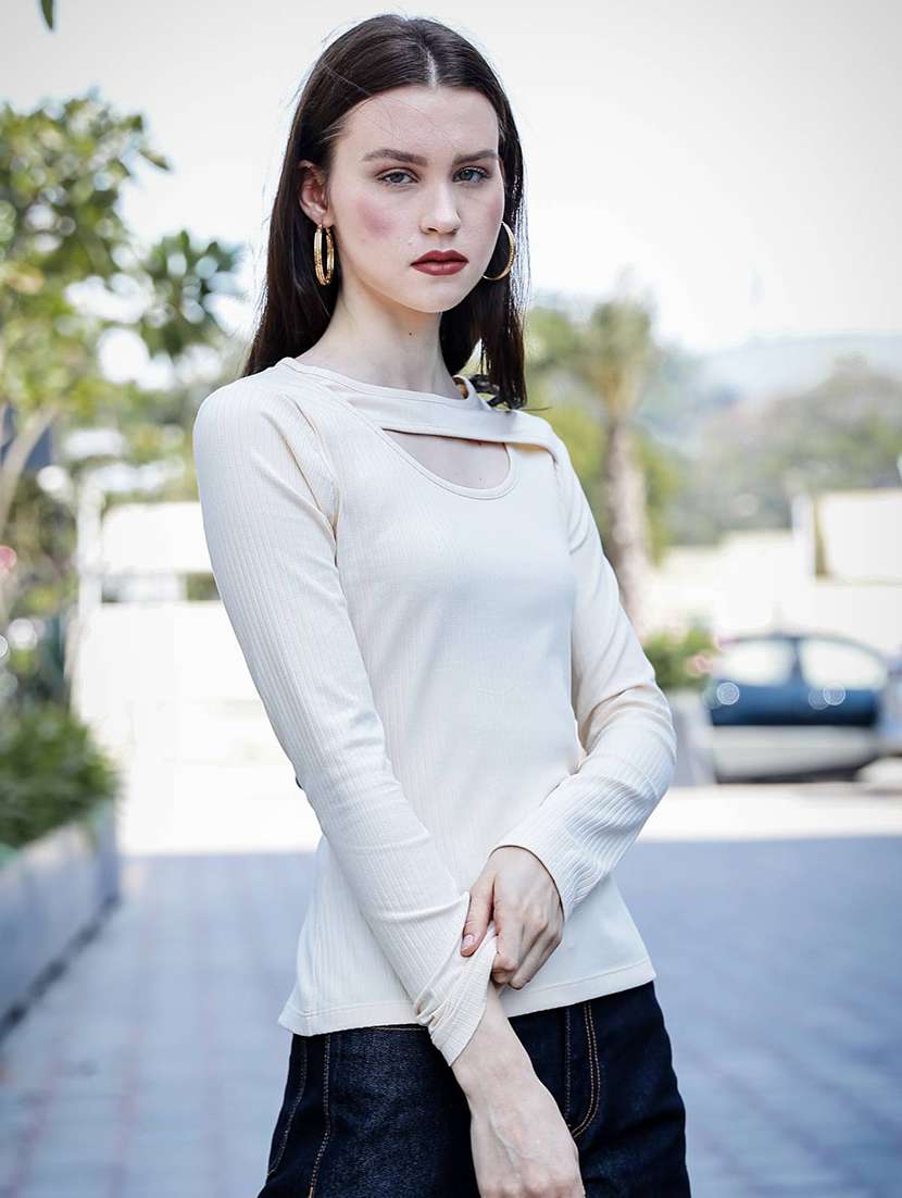 women solid cut out detailed long sleeves top - 21700590 -  Standard Image - 1
