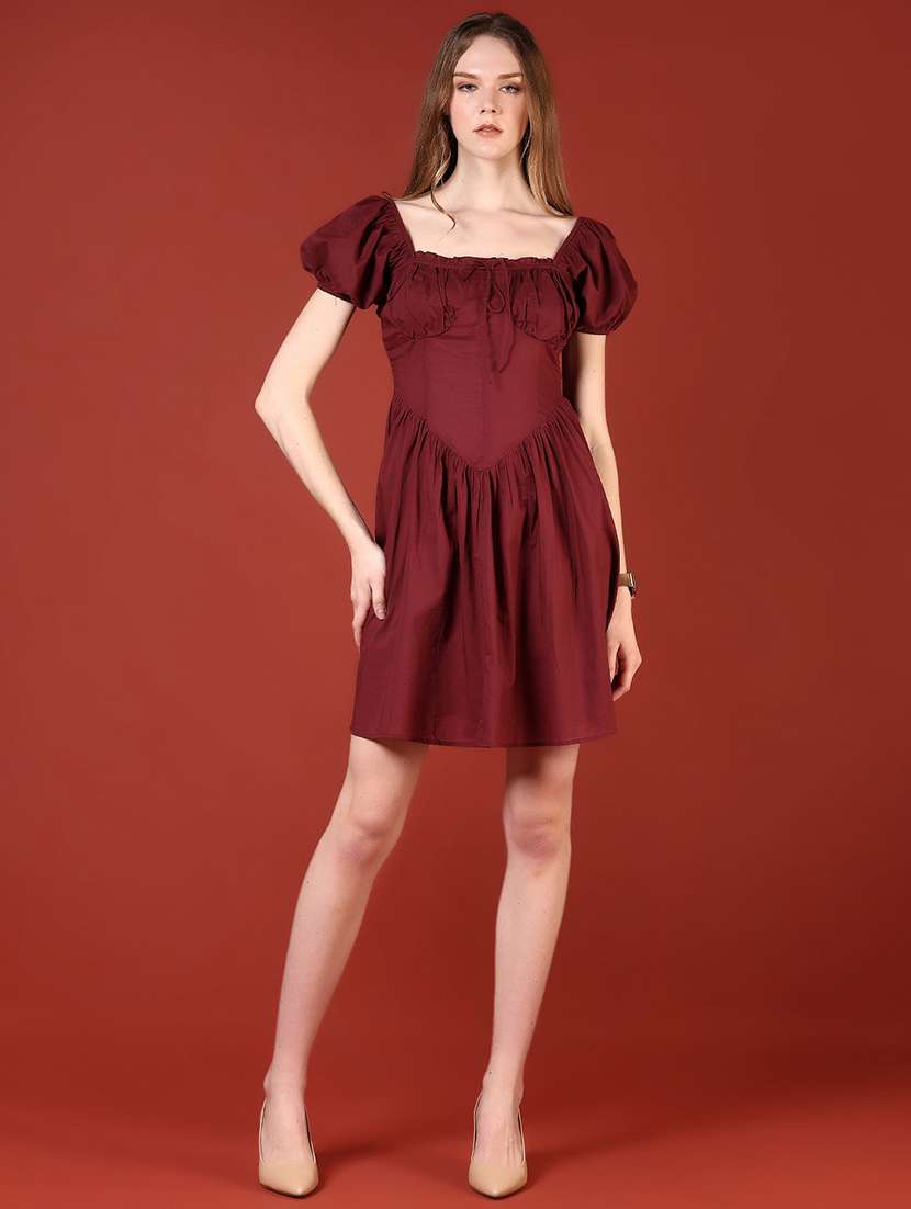 women maroon solid puff sleeve fit & flare dress