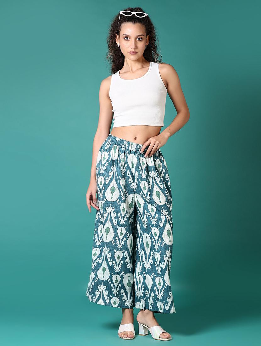 women blue ikat printed straight palazzo - 21700771 - Standard Image - 4