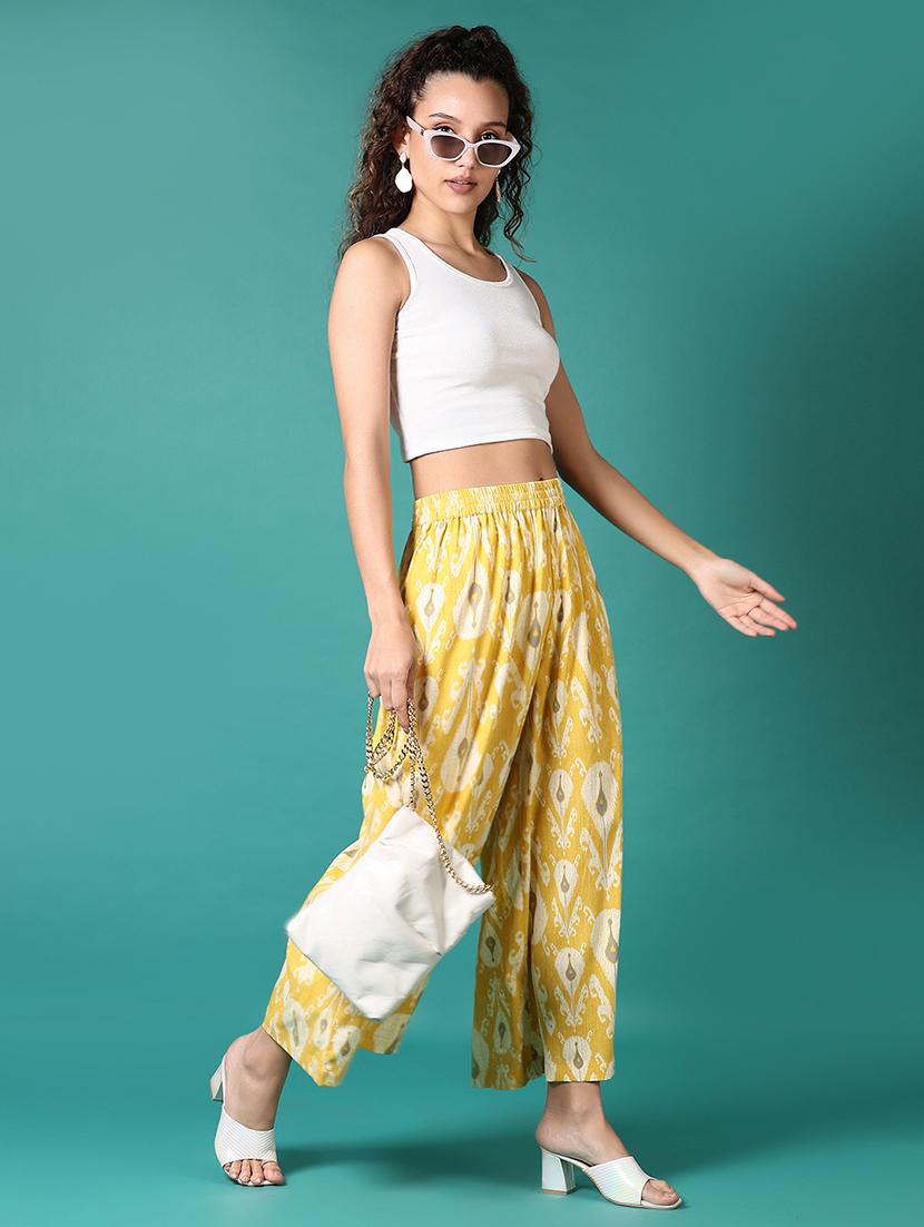 women yellow ikat printed straight palazzo - 21700772 - Standard Image - 4