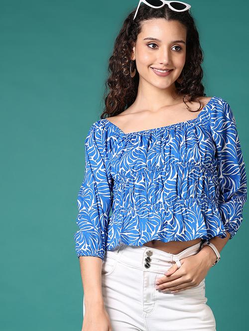 women blue printed square neck crop top - 21700775 -  Standard Image - 0