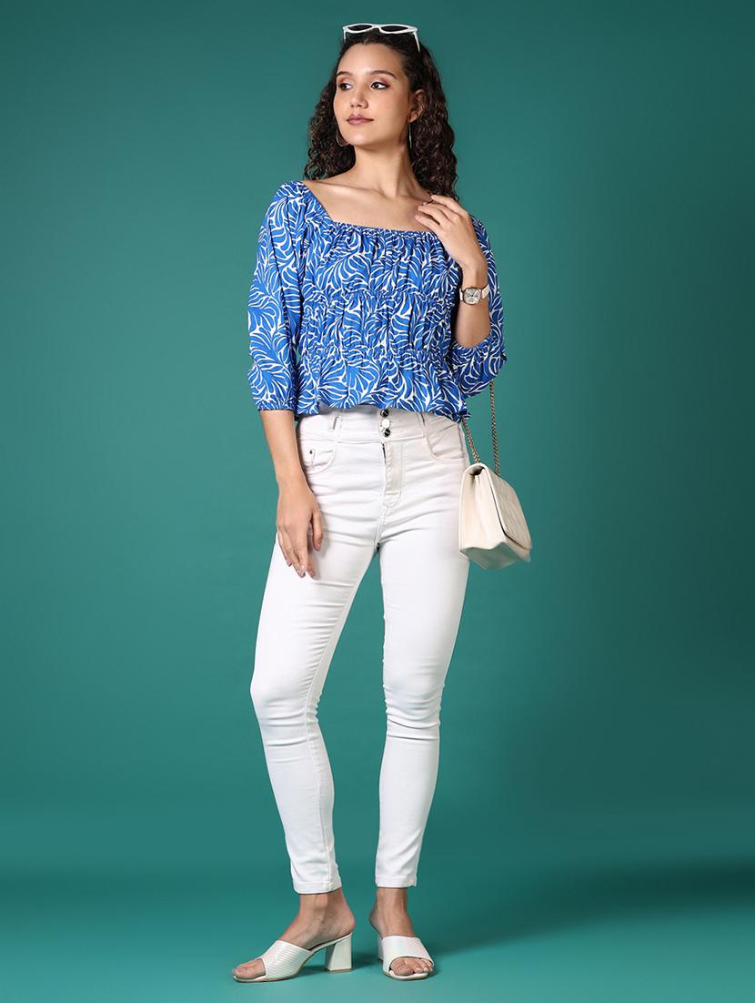 women blue printed square neck crop top - 21700775 - Standard Image - 4