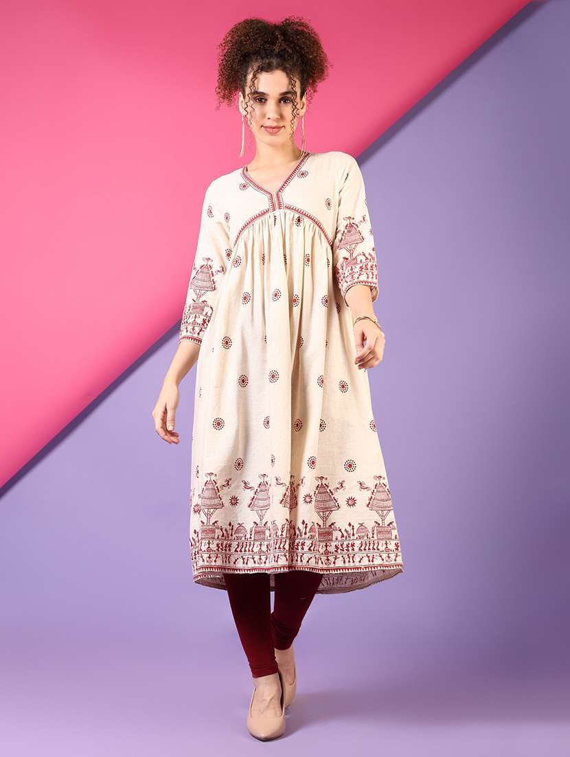 women off white three quarter sleeve a-line kurta