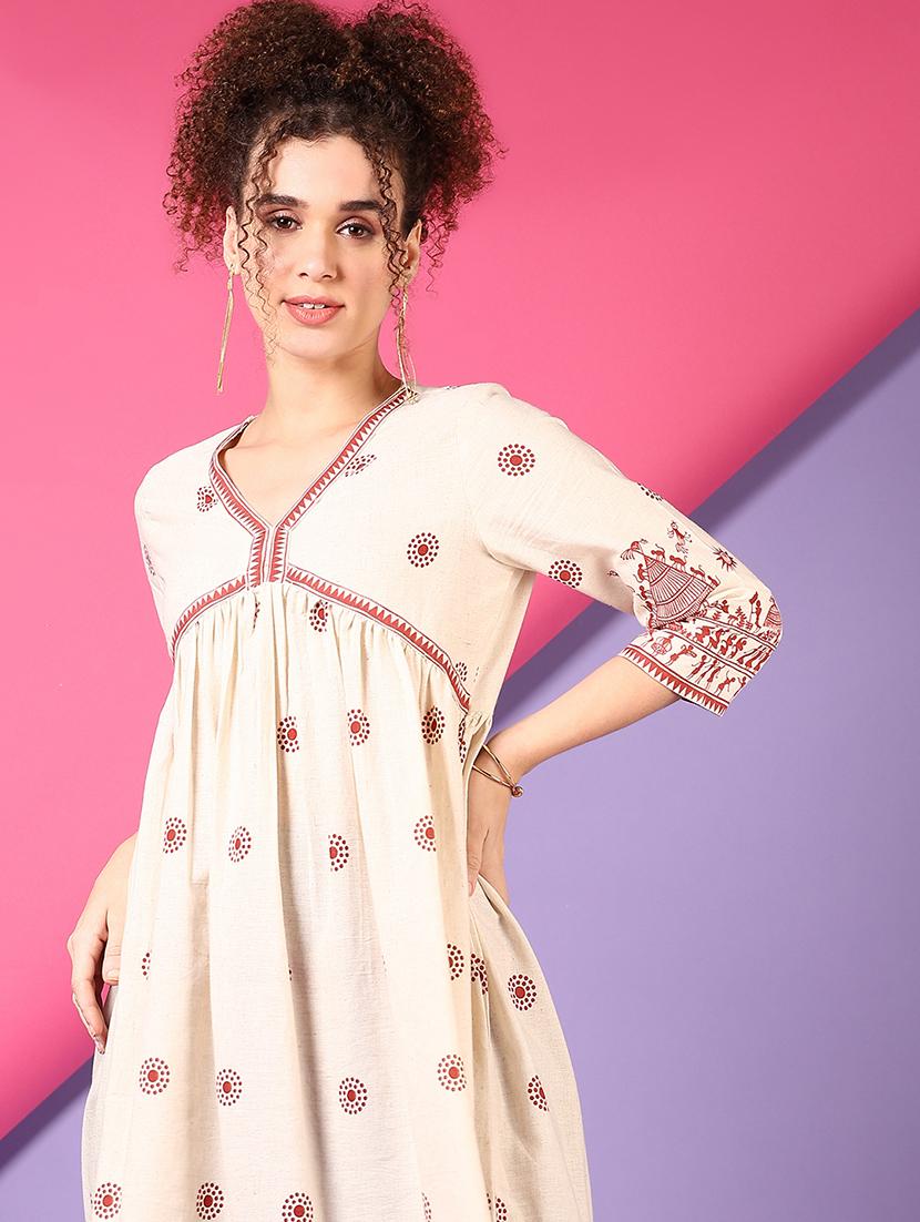 women off white three quarter sleeve a-line kurta - 21700777 - Standard Image - 4