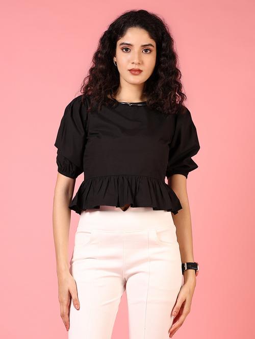 women black solid puff sleeve crop top - 21700785 - Standard Image - 0