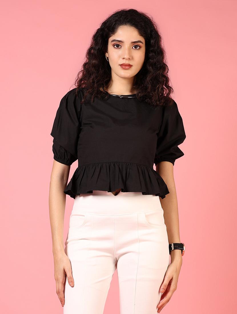 women black solid puff sleeve crop top - 21700785 - Zoom Image - 0