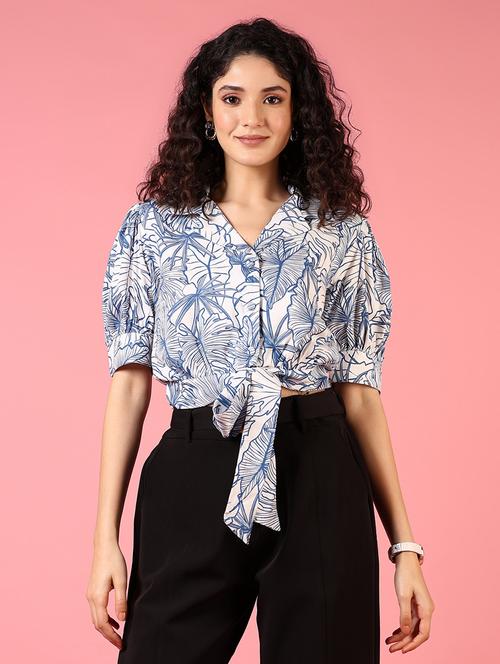 women blue puff sleeve printed crop top - 21700786 - Standard Image - 0