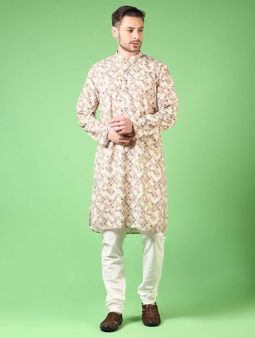 men printed mandarin neck kurta churidar ethnic wear set - 21700998 - Standard Image - 1