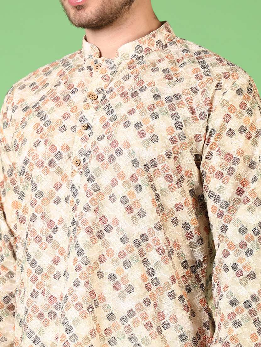 men printed mandarin neck kurta churidar ethnic wear set - 21700998 - Standard Image - 4