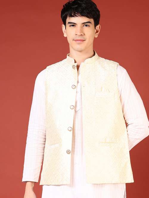 men self design sleeveless regular fit nehru jacket - 21701014 -  Standard Image - 0