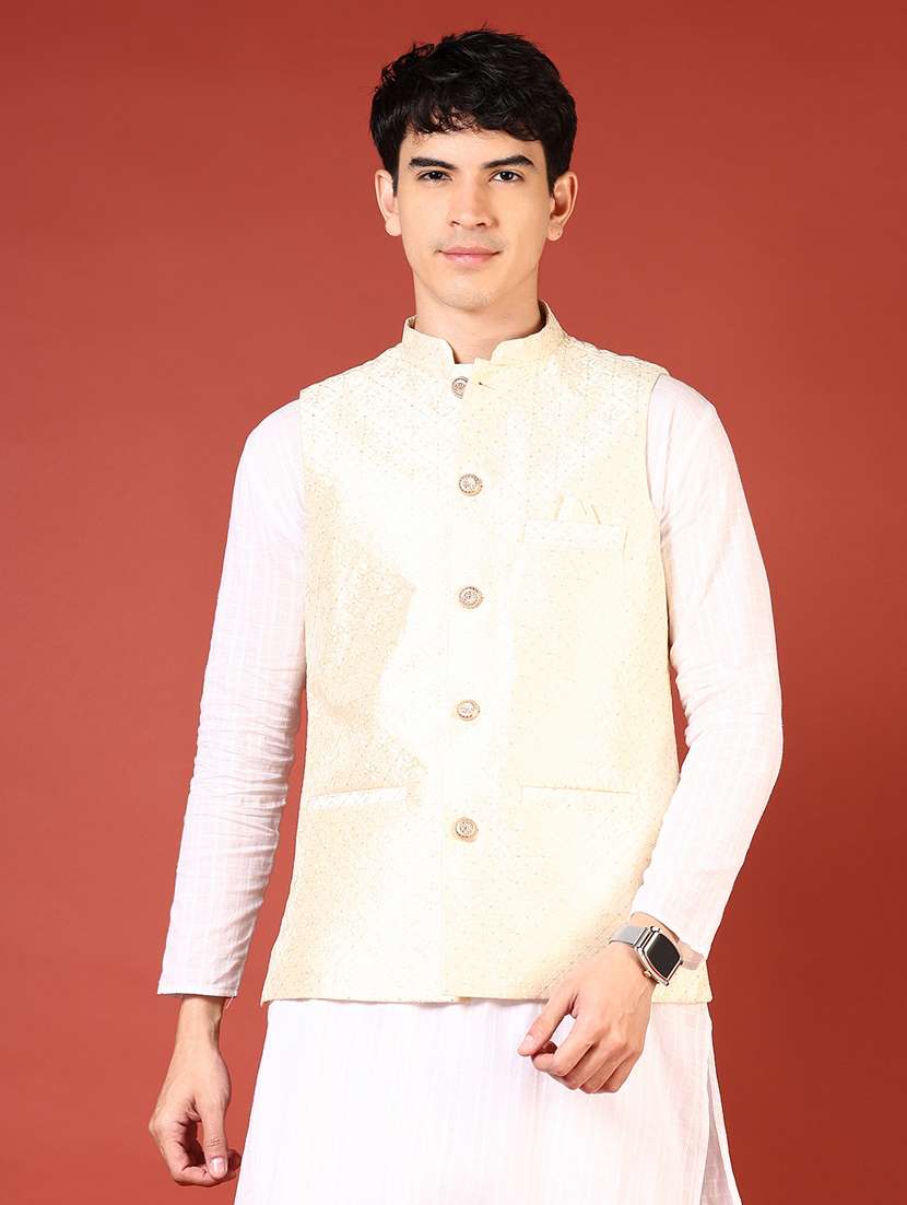 men self design sleeveless regular fit nehru jacket - 21701014 - Standard Image - 1
