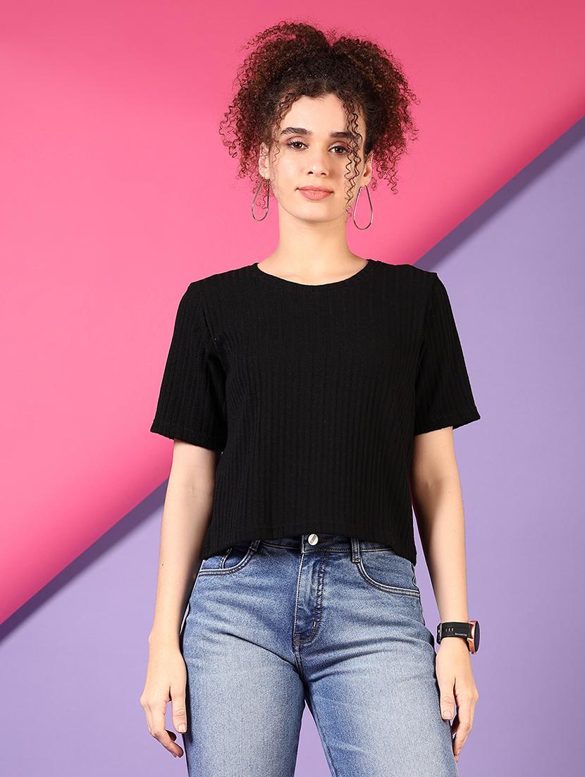 women black solid short sleeve top