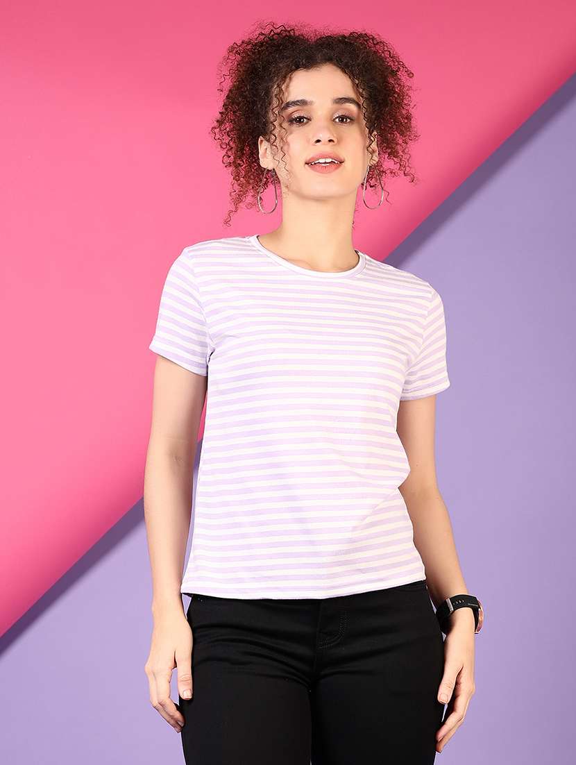women lavender striped short sleeve t-shirt
