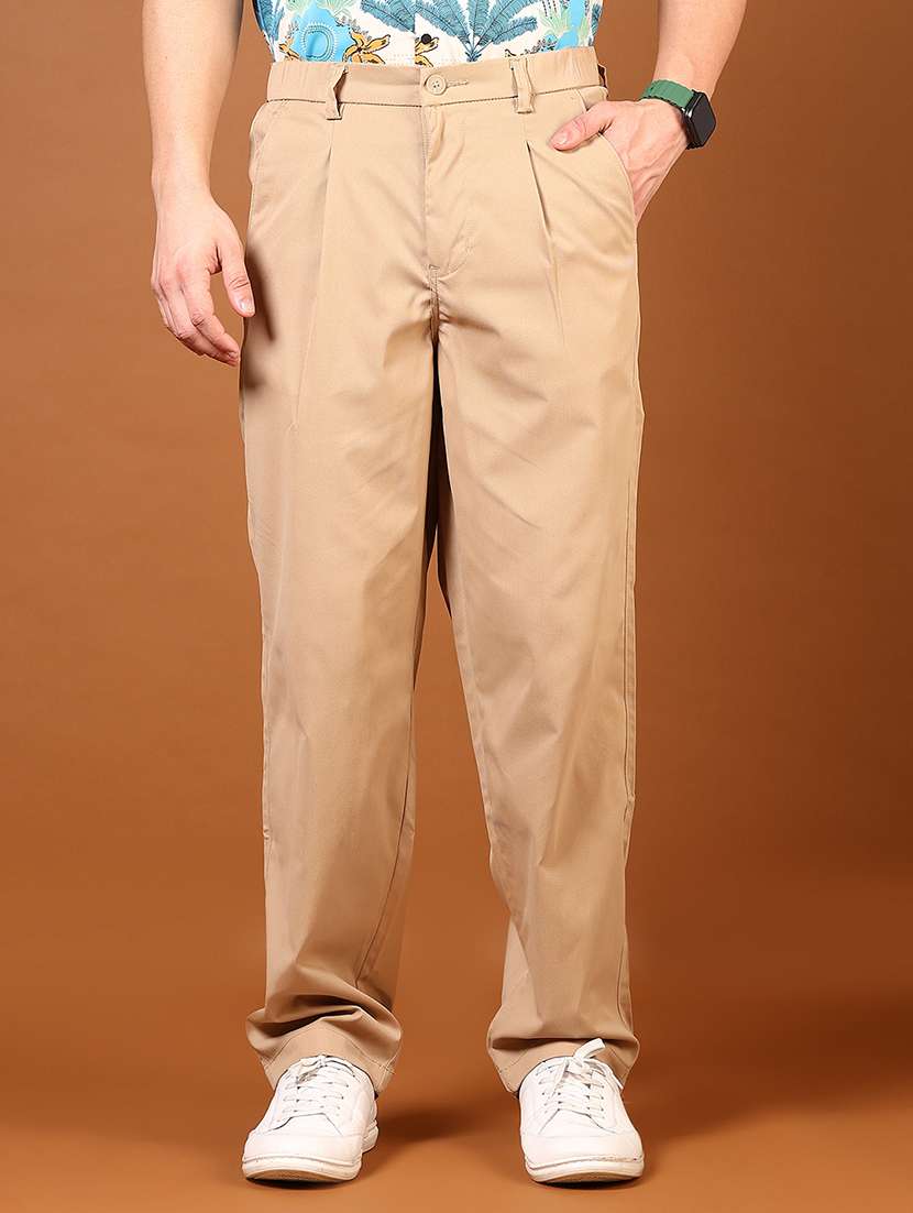men beige solid high rise chinos casual trouser