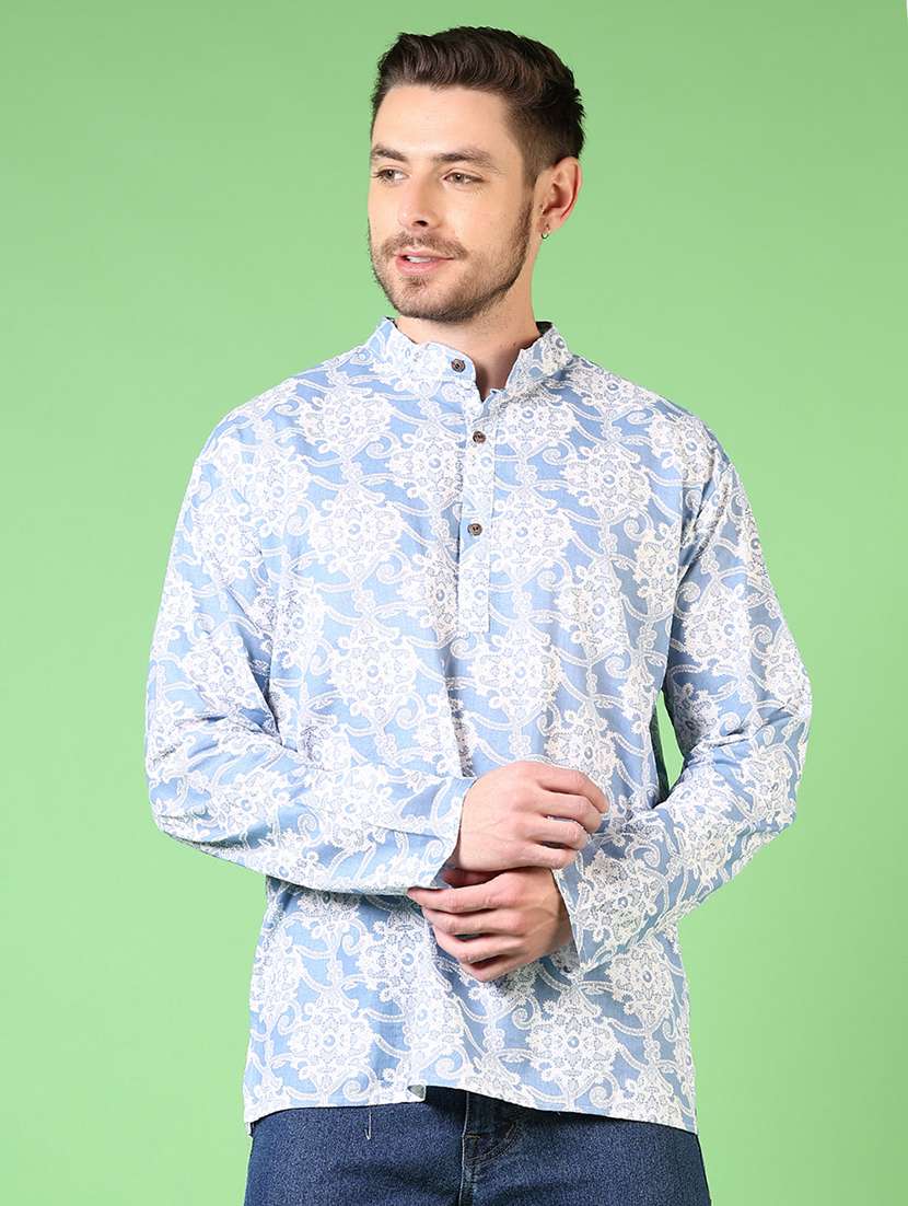 men mandarin neck printed short kurta