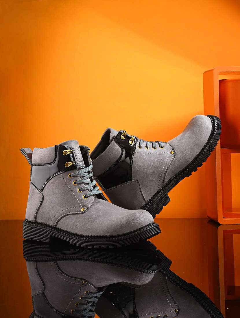 grey synthetic lace up boots