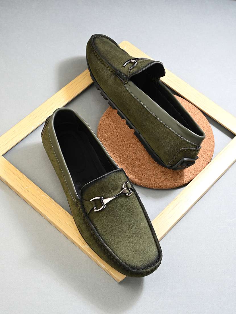 olive synthetic slip on loafers