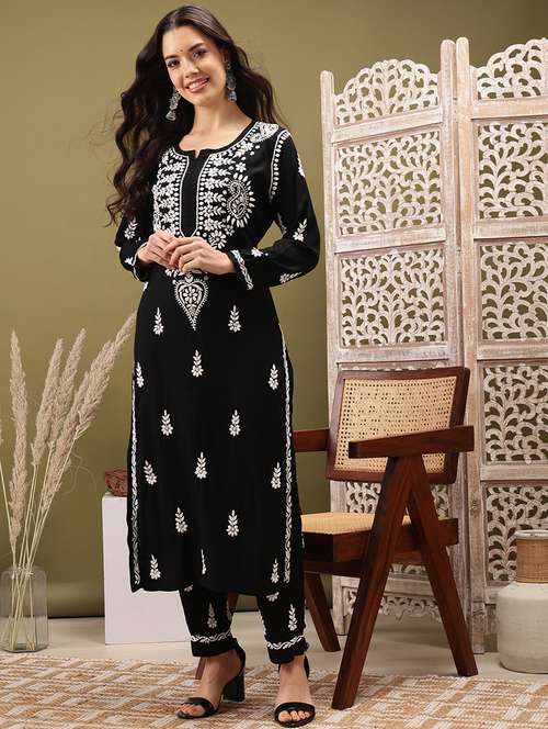 women long sleeve chikankari kurta pant set - 21703133 - Standard Image - 0