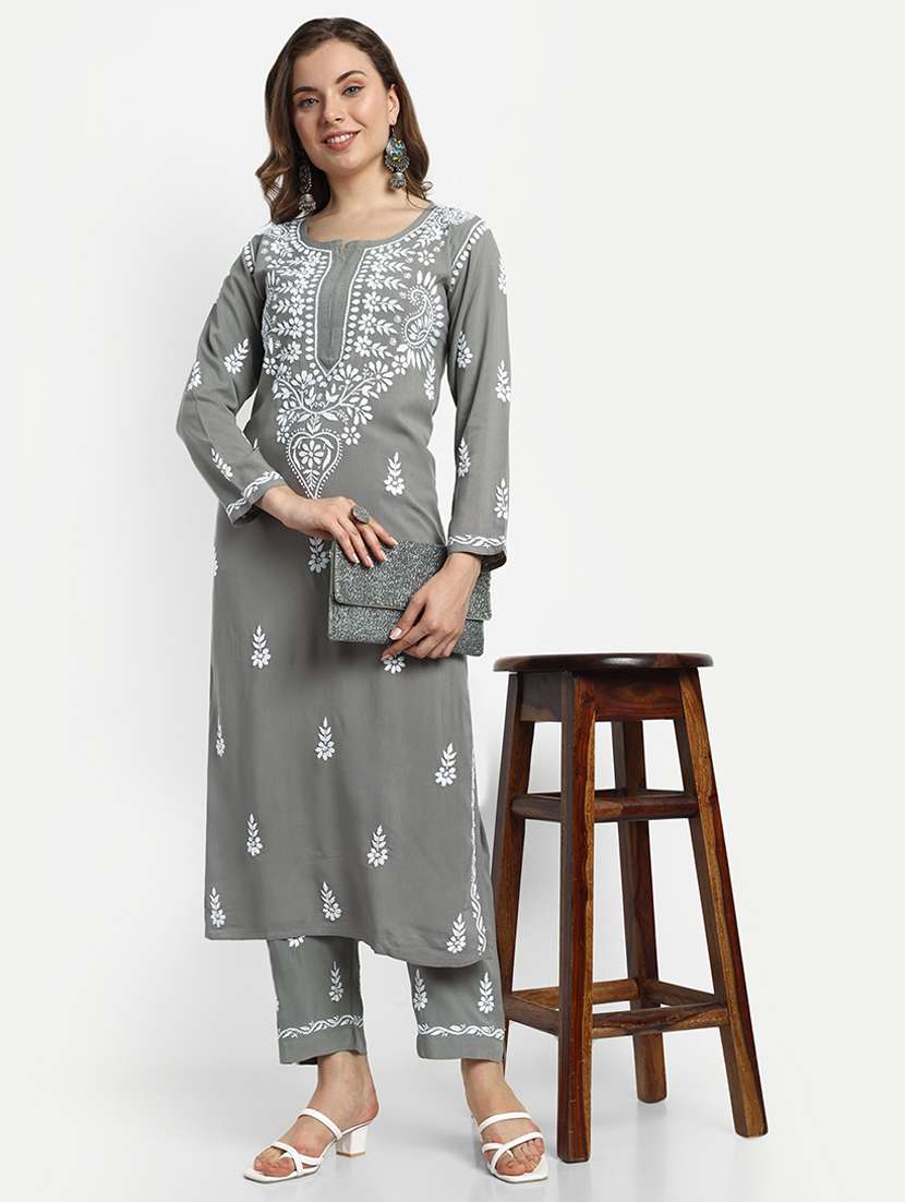 women long sleeve chikankari kurta pant set