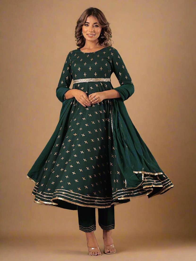 women three quarter sleeve anarkali kurta pant with dupatta set