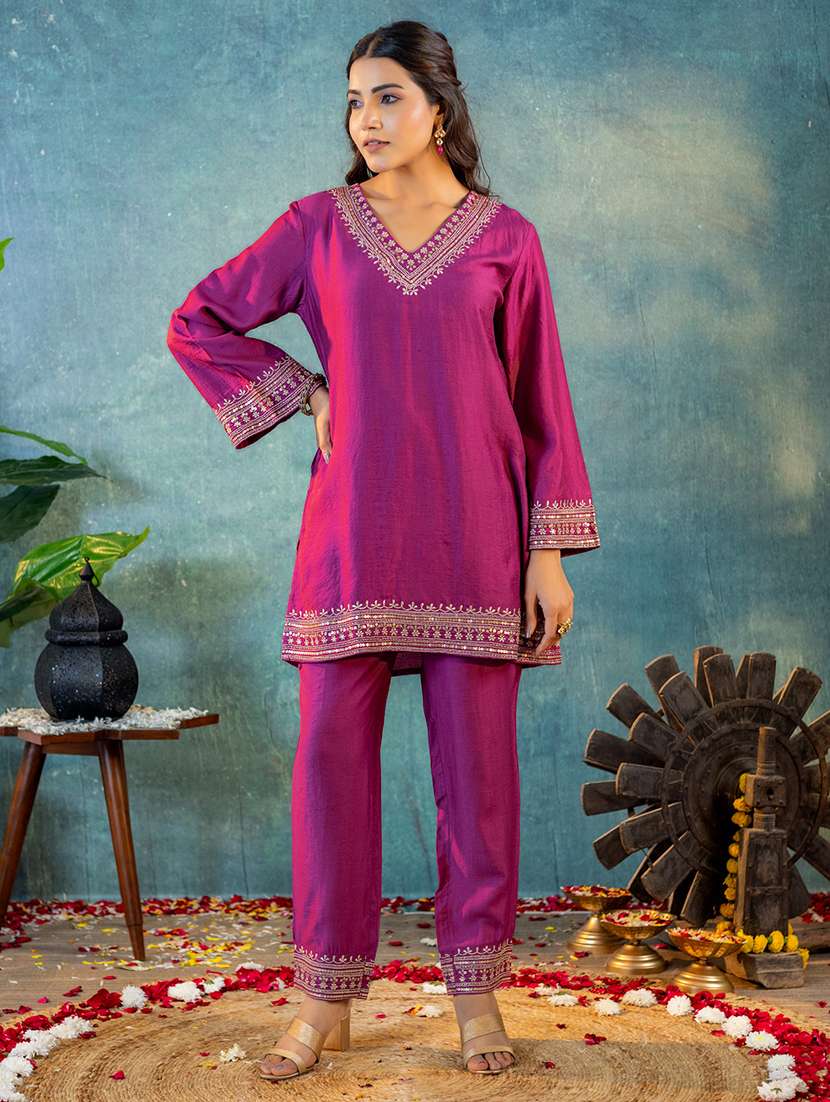 women pink long sleeve kurta pant set - 21703139 -  Standard Image - 1