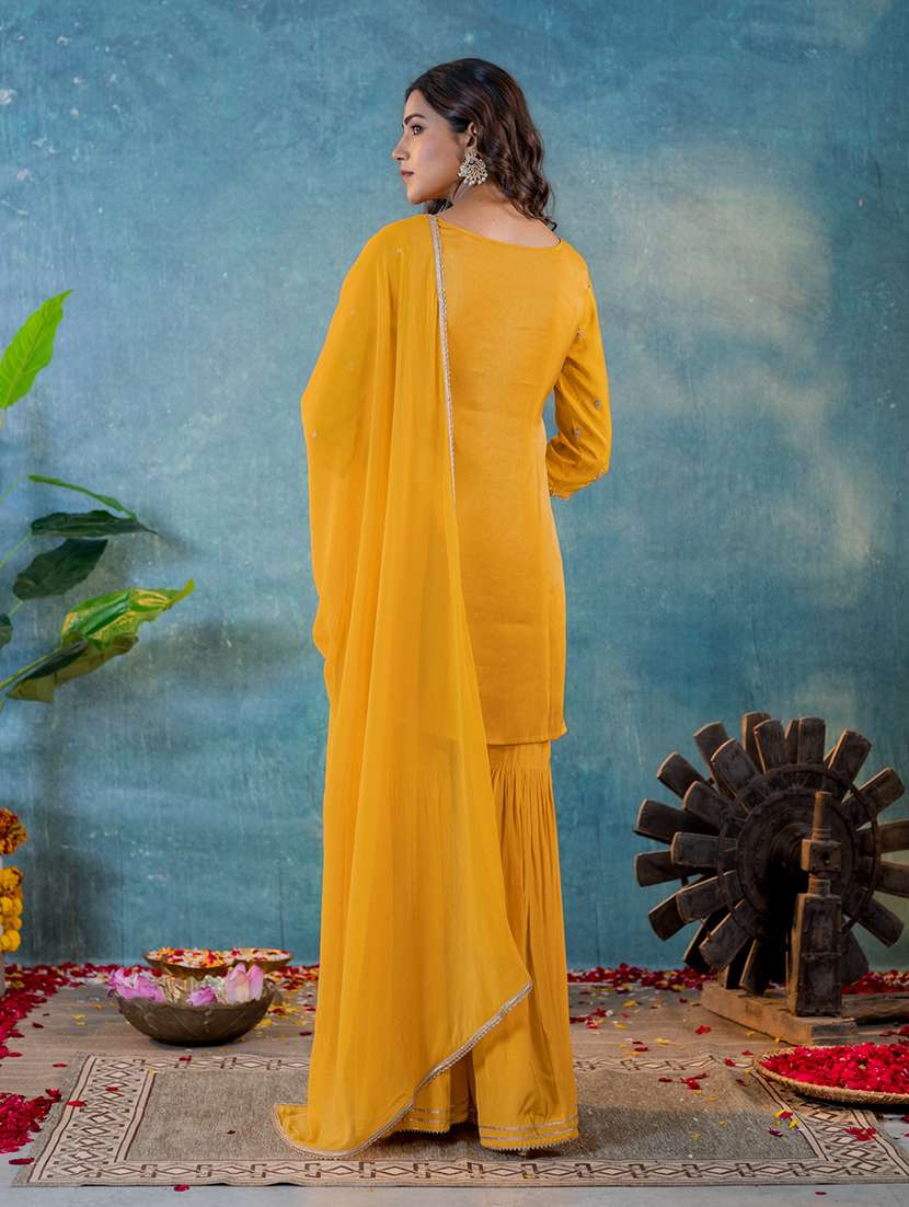 Women Mustard Round Neck Kurta Sharara Set