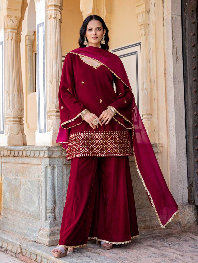 women burgundy flared sleeve kurta sharara set