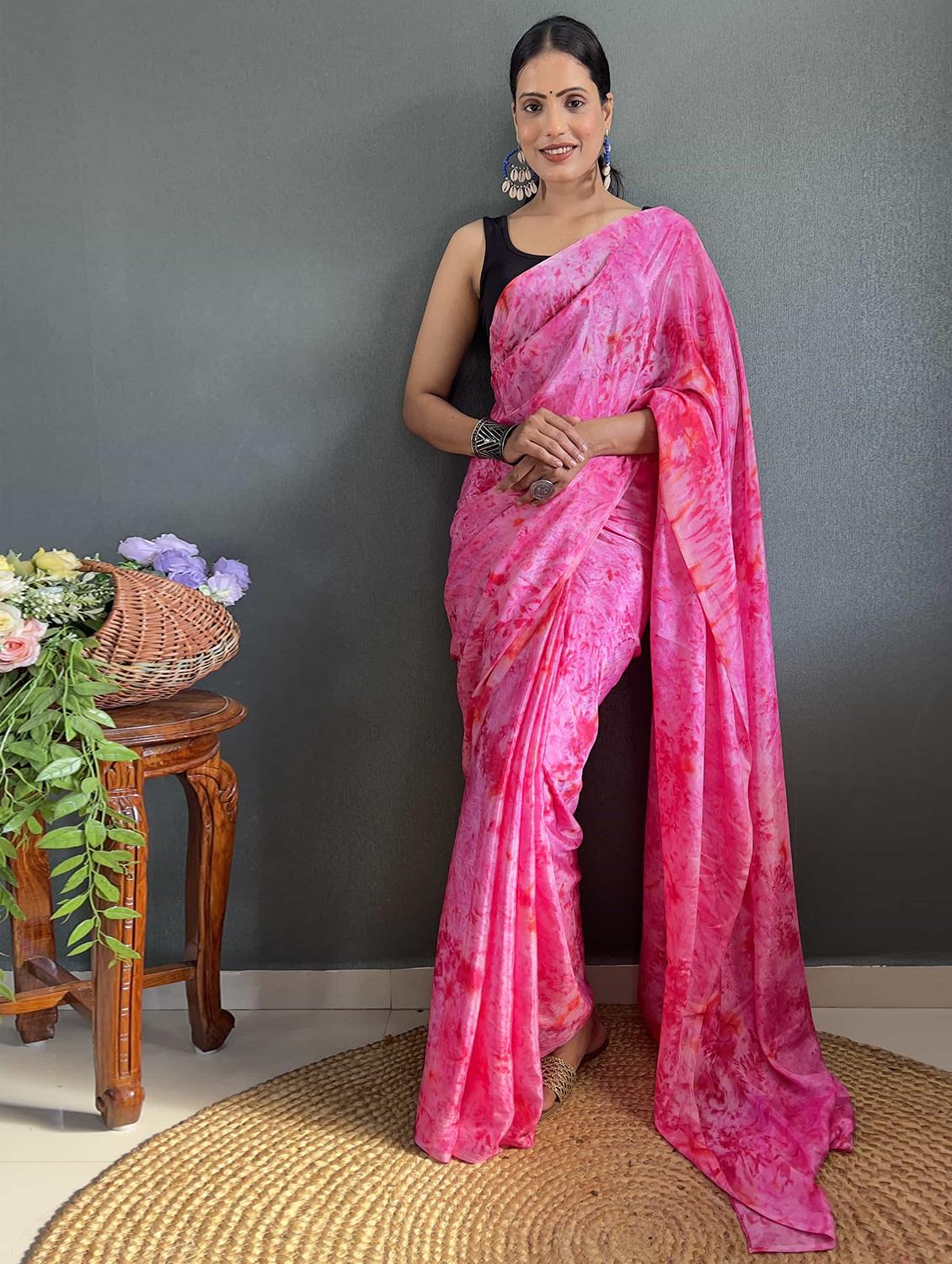 women pink tie & dye printed saree with blouse - 21703279 - Standard Image - 1