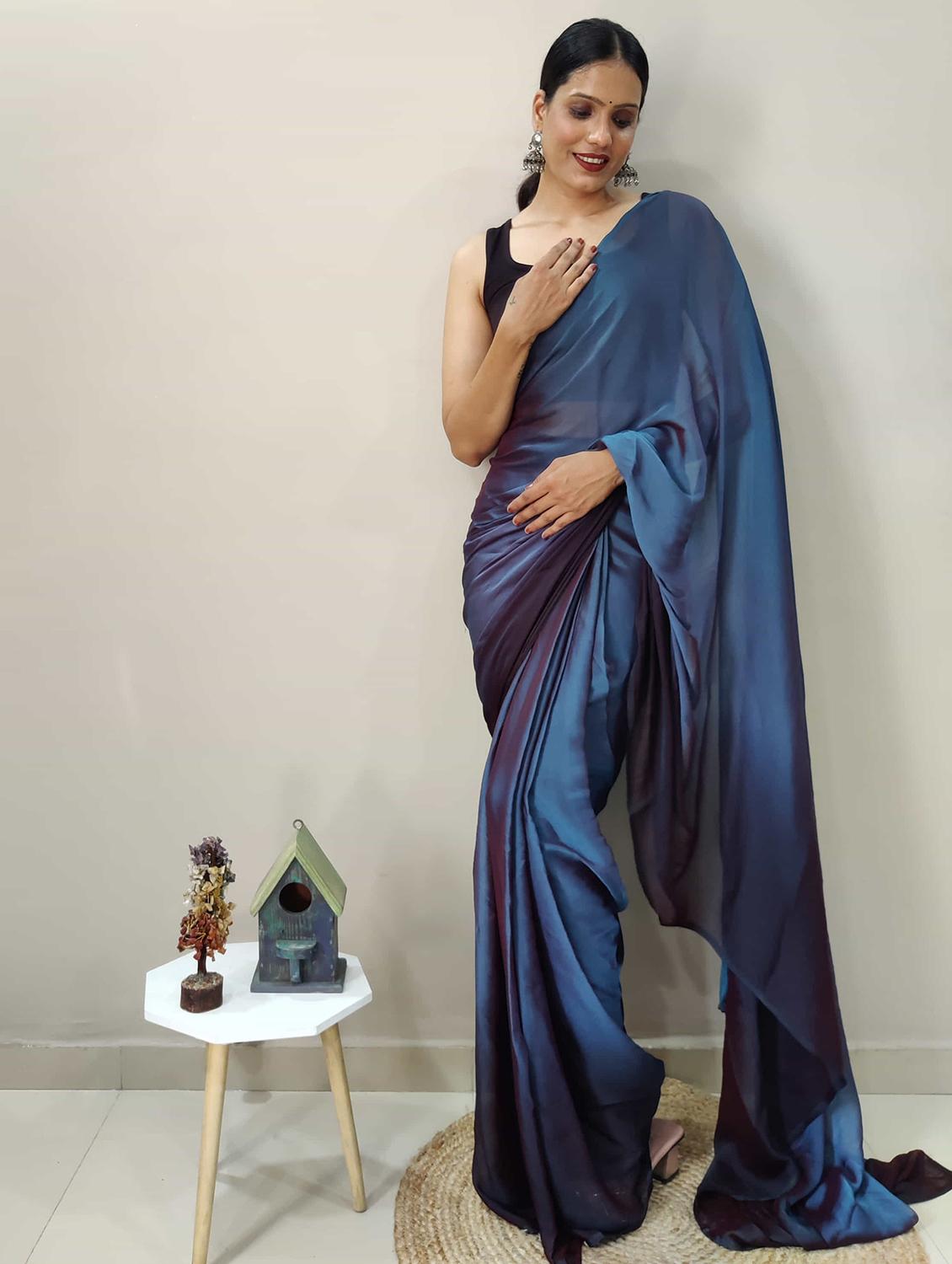 women blue ombre plain saree with blouse