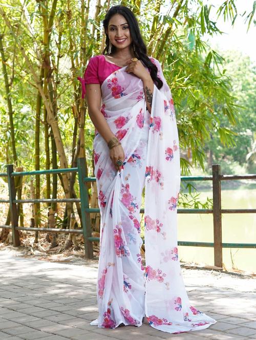 women white floral printed saree with blouse - 21703391 -  Standard Image - 0