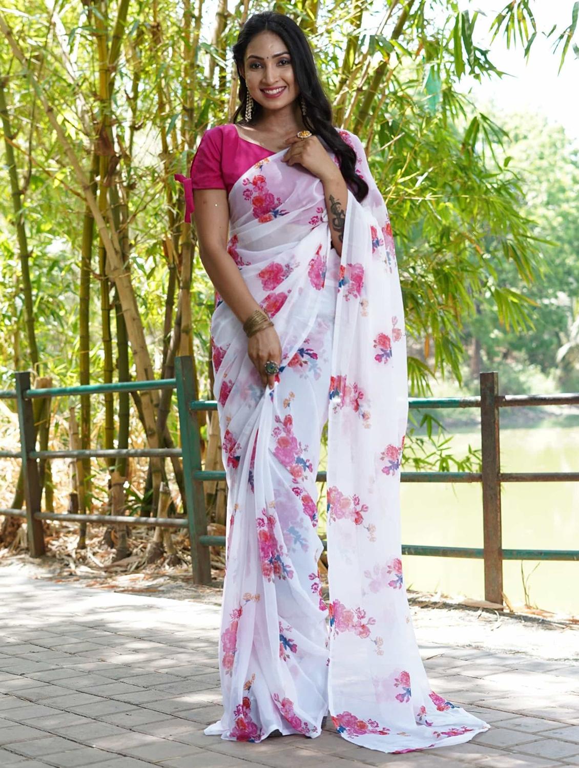 women white floral printed saree with blouse - 21703391 -  Zoom Image - 0