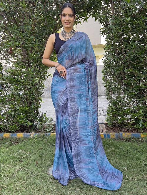 women blue printed saree with blouse - 21703392 -  Standard Image - 0