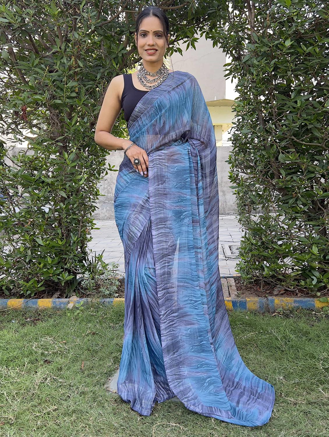 women blue printed saree with blouse - 21703392 -  Zoom Image - 0