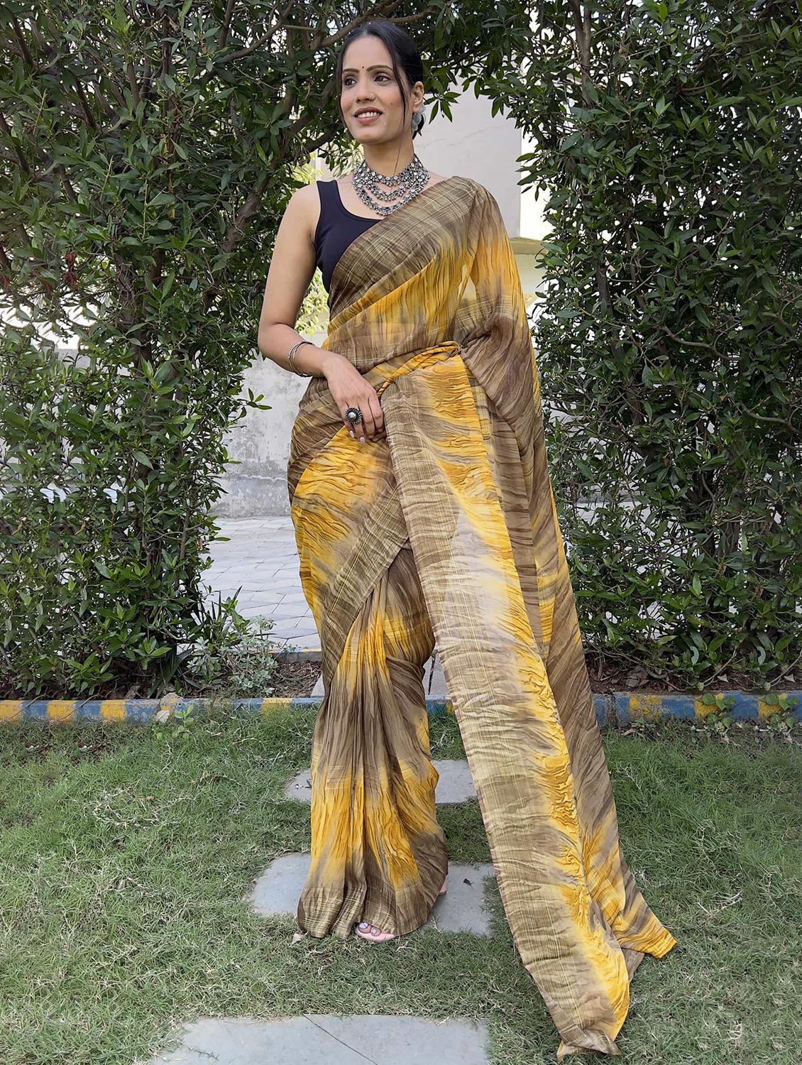 women yellow printed saree with blouse - 21703395 -  Zoom Image - 0