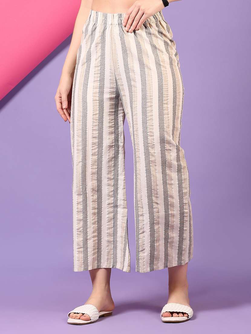 women off white striped mid rise straight palazzo - 21703549 -  Standard Image - 1