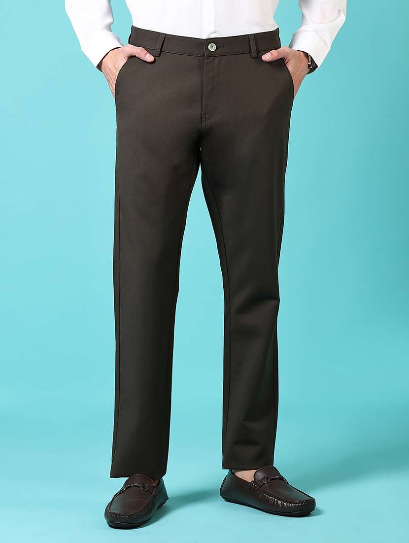 men mid rise solid flat front casual trouser