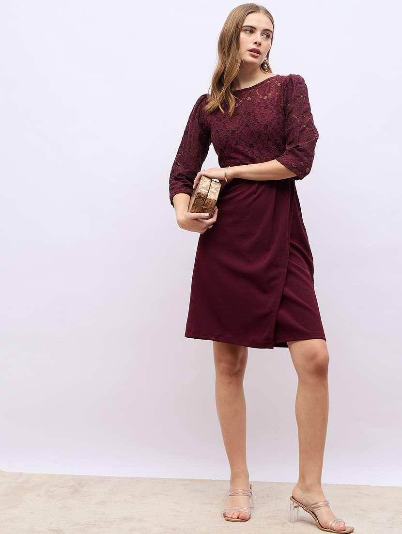 women maroon lace detailed a-line party wear dress - 21703982 -  Standard Image - 1