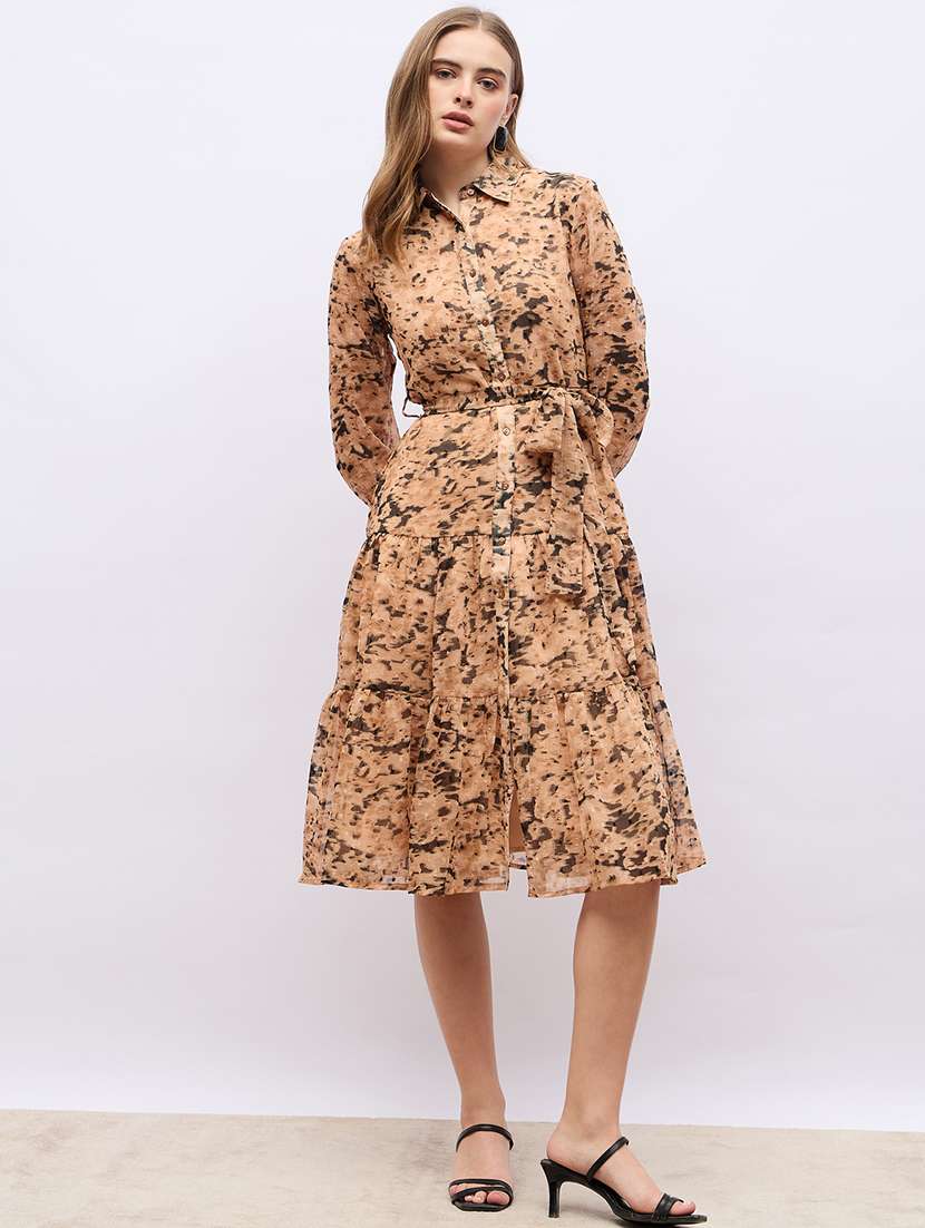women beige abstract printed long sleeve tiered dress